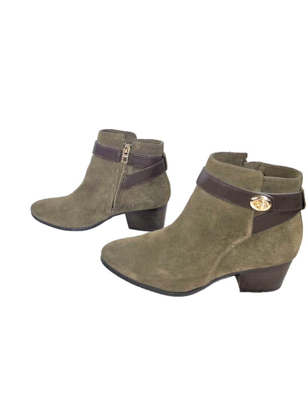 Coach Womens Size 8B Taupe/Brown Suede Ankle Boots Leather Trim Zip Booties